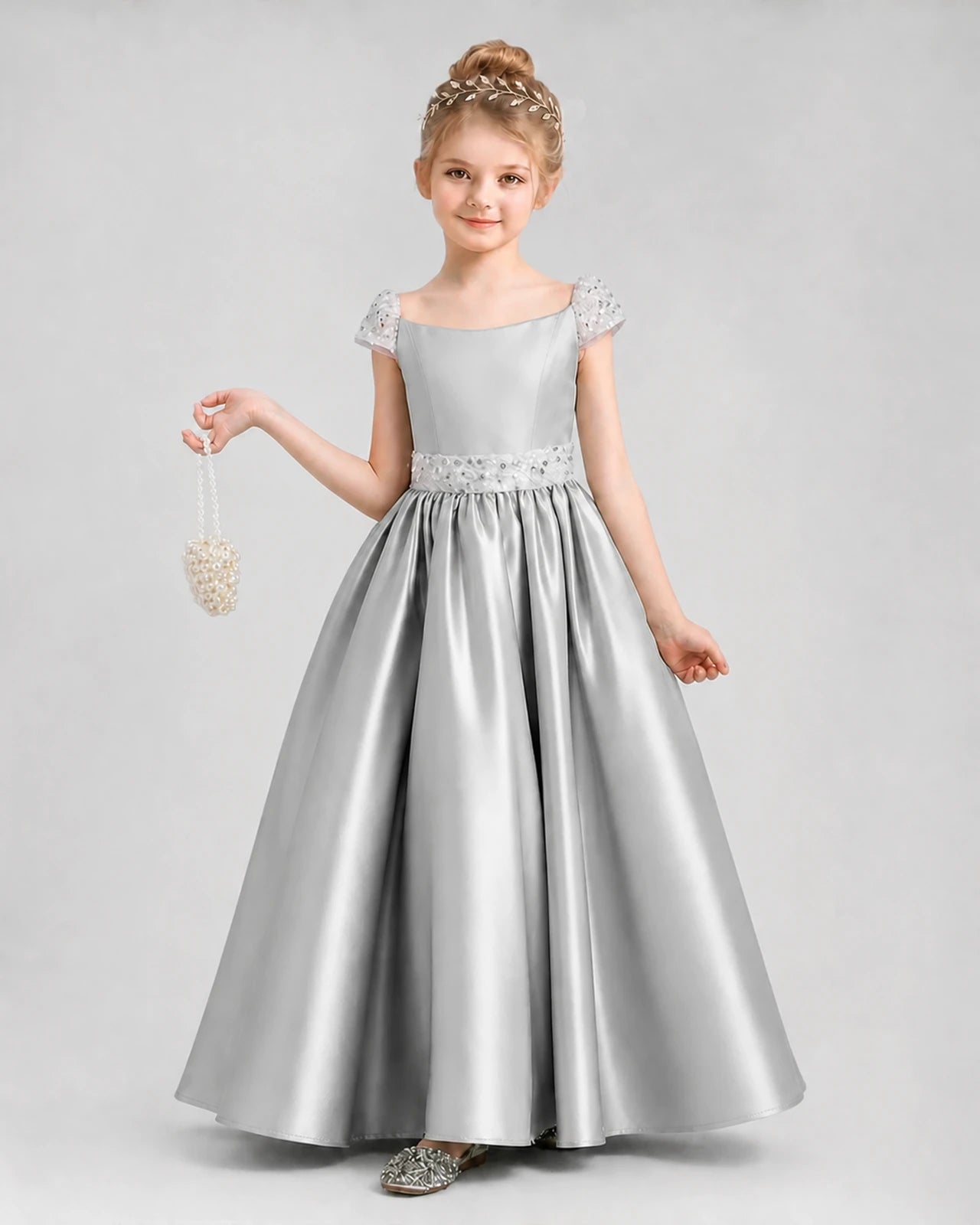 Silver Satin A-Line Pageant Dress Front View