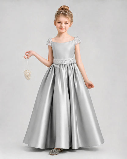 Silver Satin A-Line Pageant Dress Front View