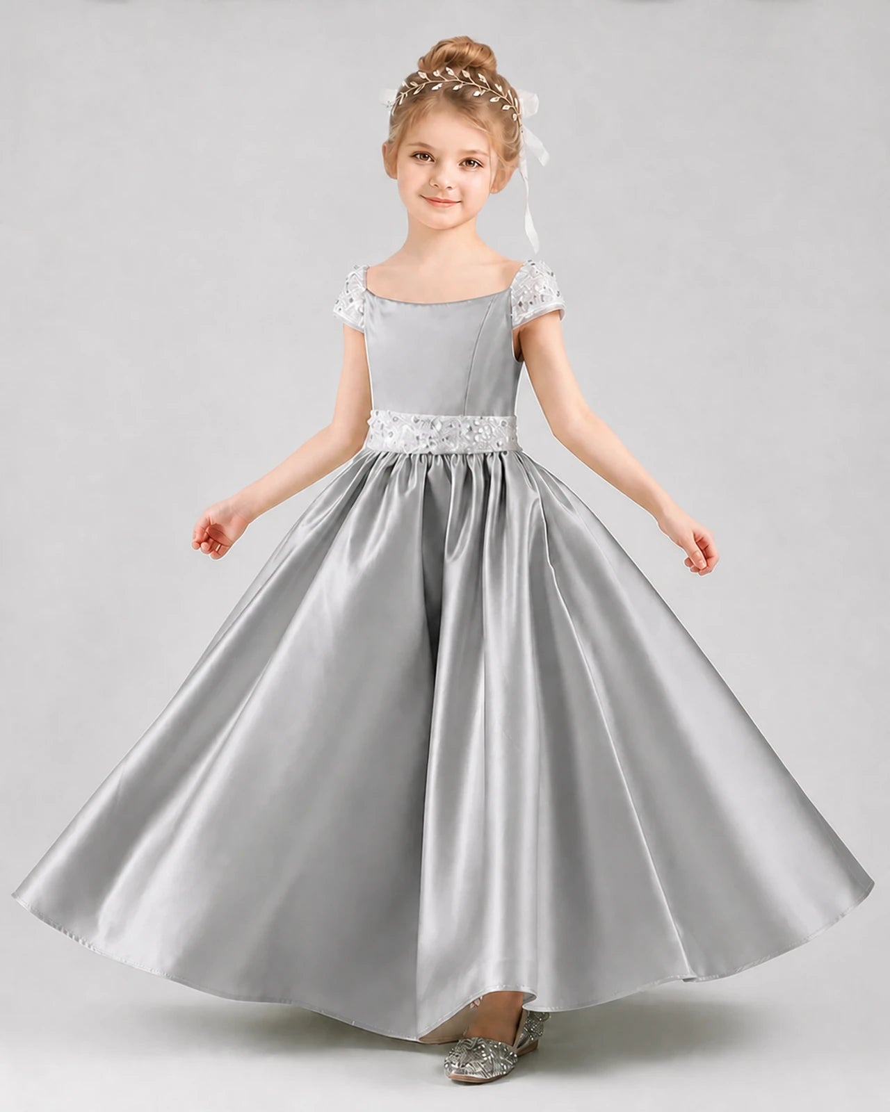 Silver satin cap-sleeve pageant dress