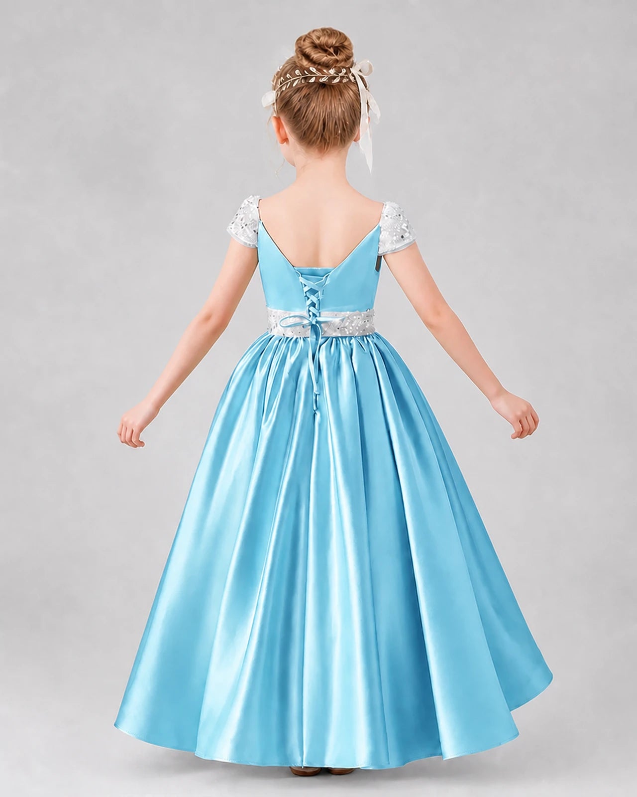 Sky Blue Satin V-Neck A-Line Pageant Dress Back View