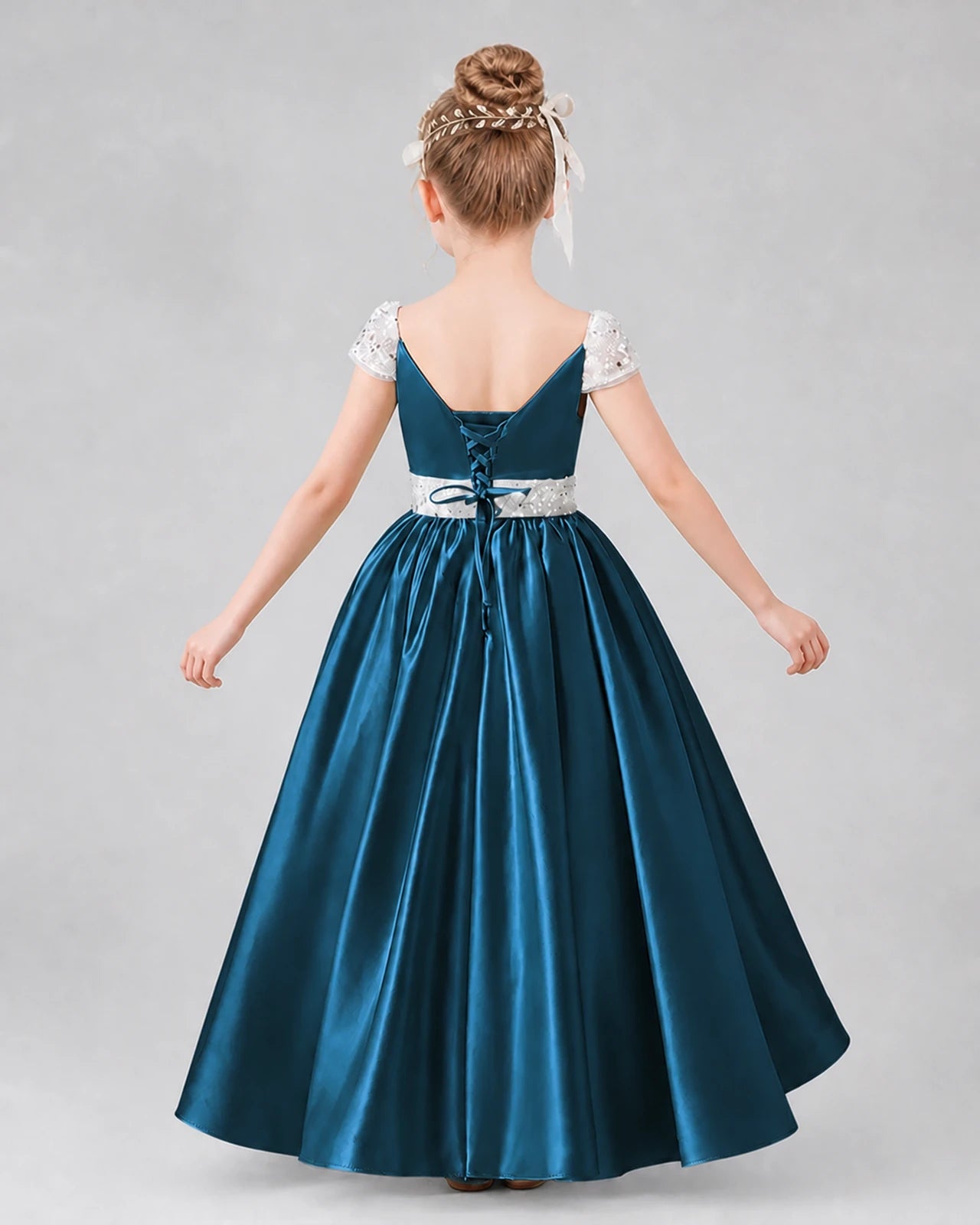 Teal satin lace-up A-line pageant dress Back View
