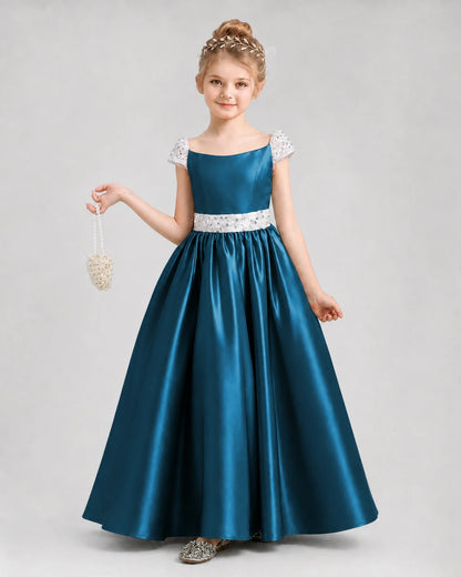 Teal Satin A-Line Pageant Dresses Front View