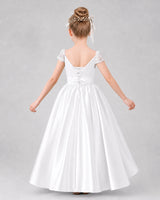 White satin A-line pageant dress Back View