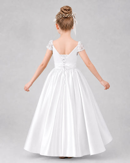White satin A-line pageant dress Back View
