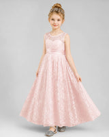 Blush pink lace A-line flower girl dress Front View