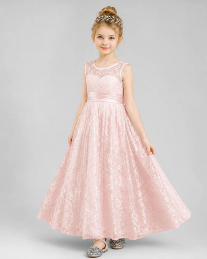 Blush pink lace A-line flower girl dress Front View