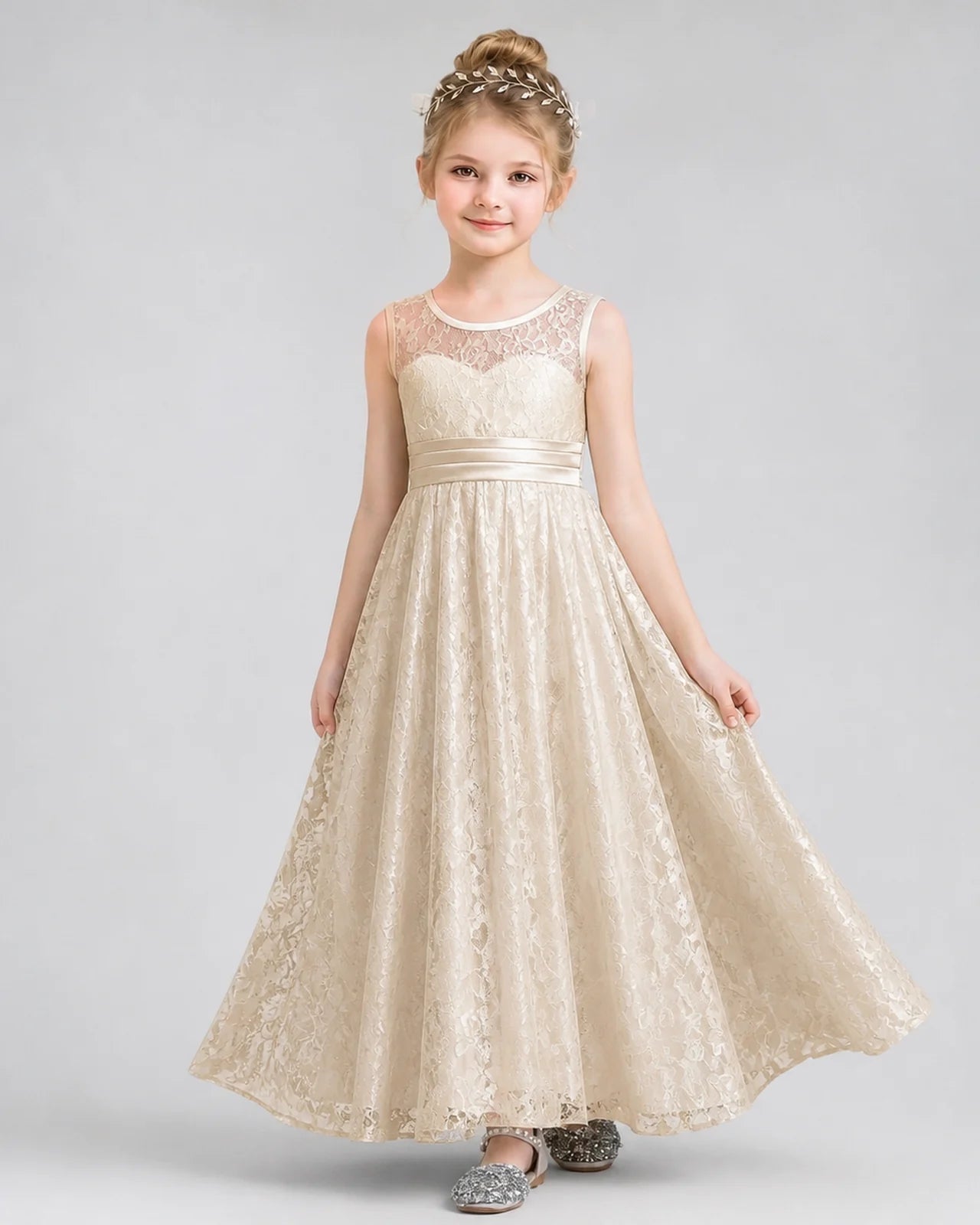 Champagne Lace A-Line Flower Girl Dresses Front View