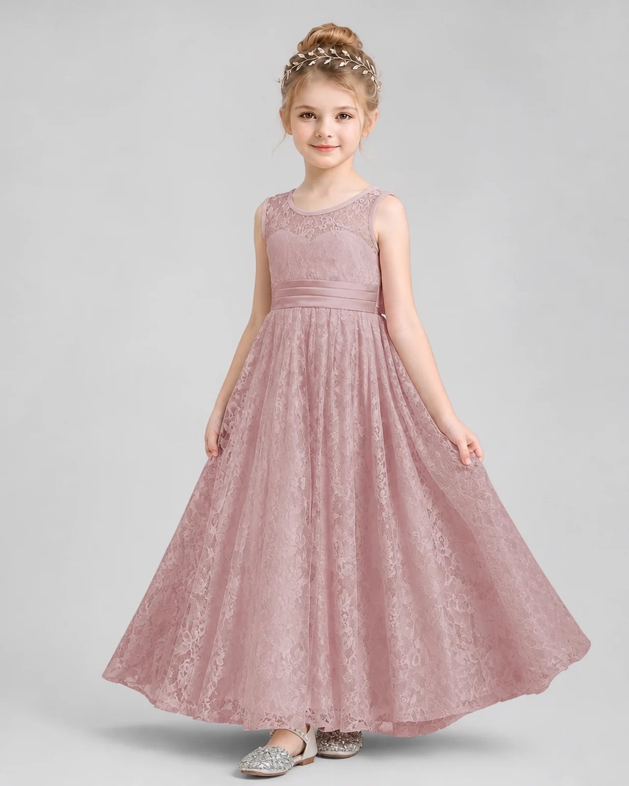 Dusty Rose Lace A-Line Flower Girl Dresses Front View