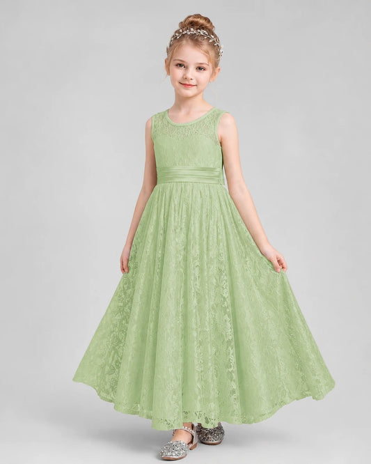Sage Green Lace A-Line Flower Girl Dresses Front View