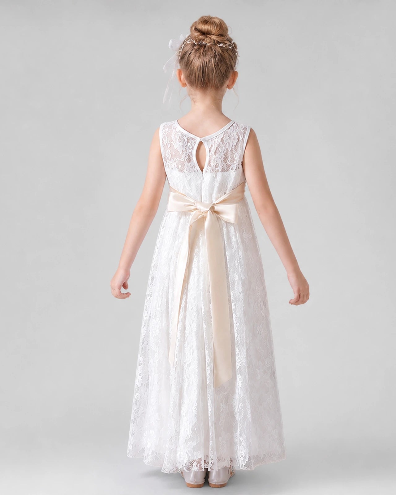 White lace A-line flower girl dress, Back View