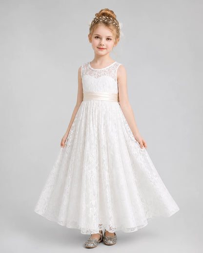 White Lace A-Line Flower Girl Dresses Front View