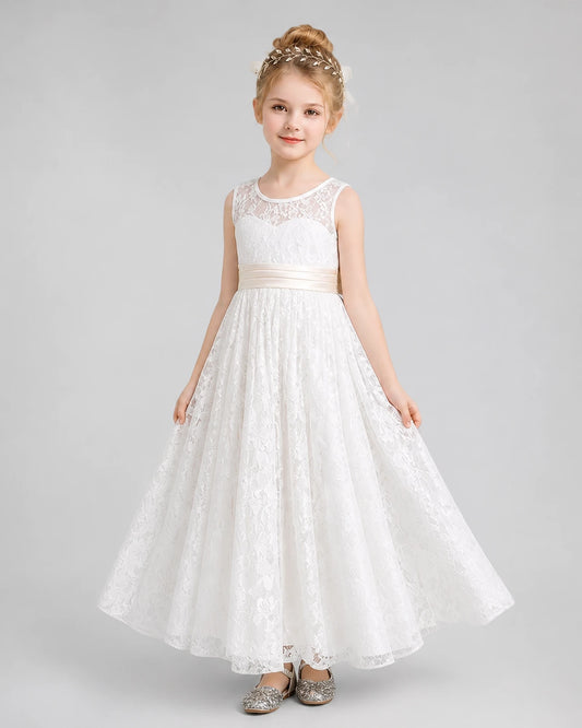 Dideyttawl Flower Girl Dress with Sleeveless Lace Bodice and Bow