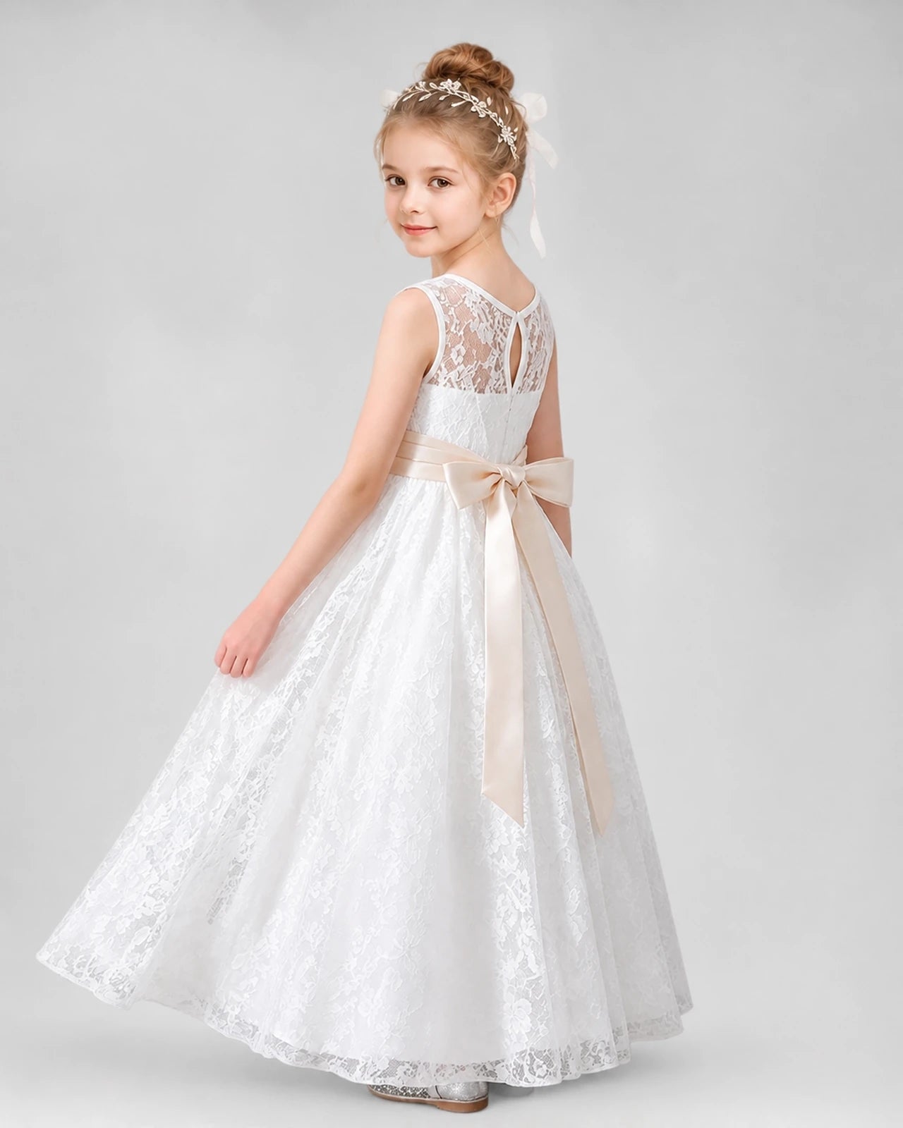 White Lace A-Line Flower Girl Dresses Side View