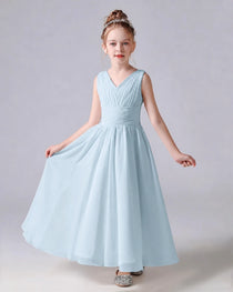 Dideyttawl Chiffon Junior Bridesmaid Dress with Sleeveless and Pleated Waist