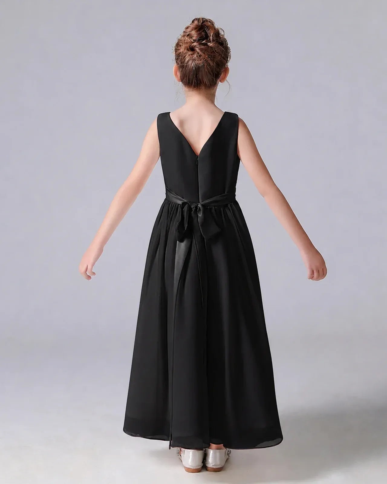 Black Chiffon A-line Junior Bridesmaid Dress Back View