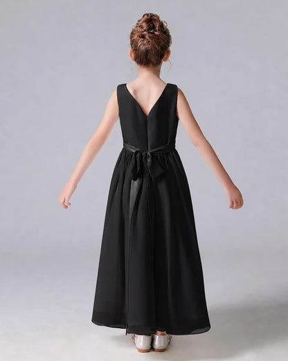 Black Chiffon A-line Junior Bridesmaid Dress Back View