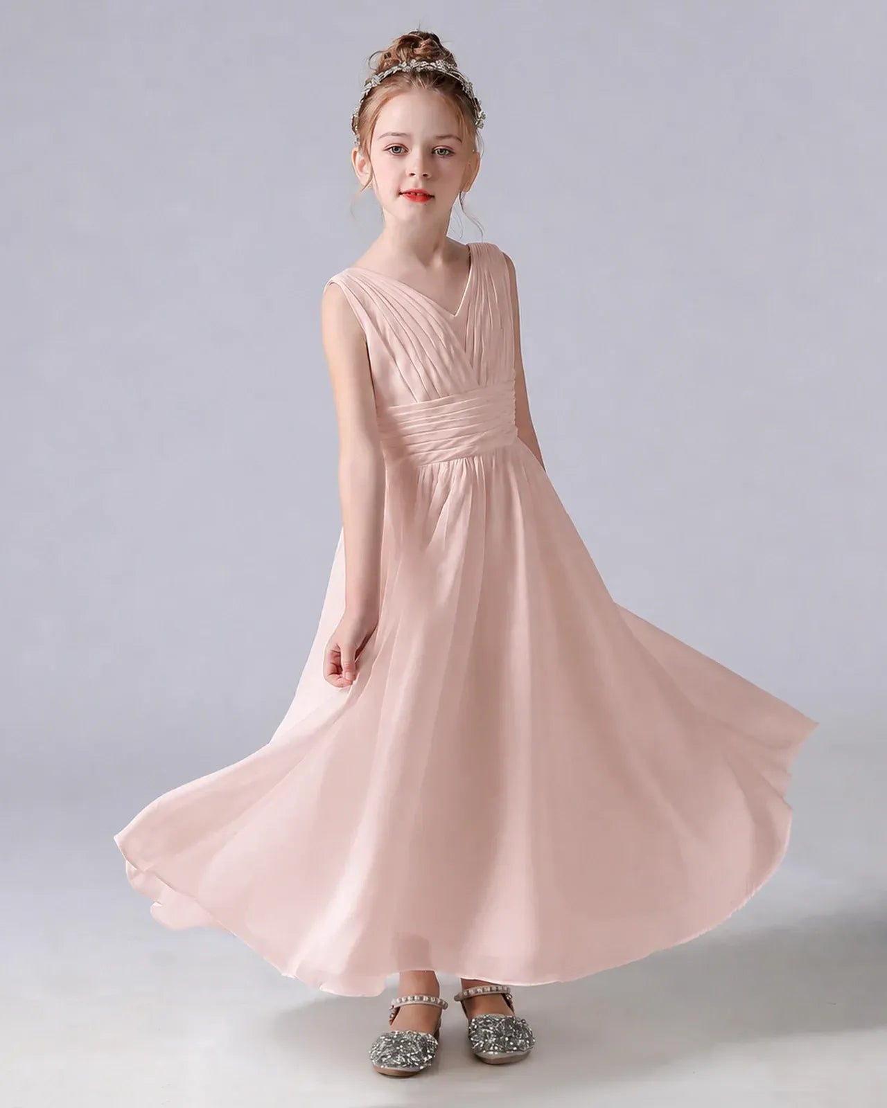 Blush Pink Chiffon A-line Junior Bridesmaid Dress Side View