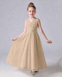 Dideyttawl Chiffon Junior Bridesmaid Dress with Sleeveless and Pleated Waist