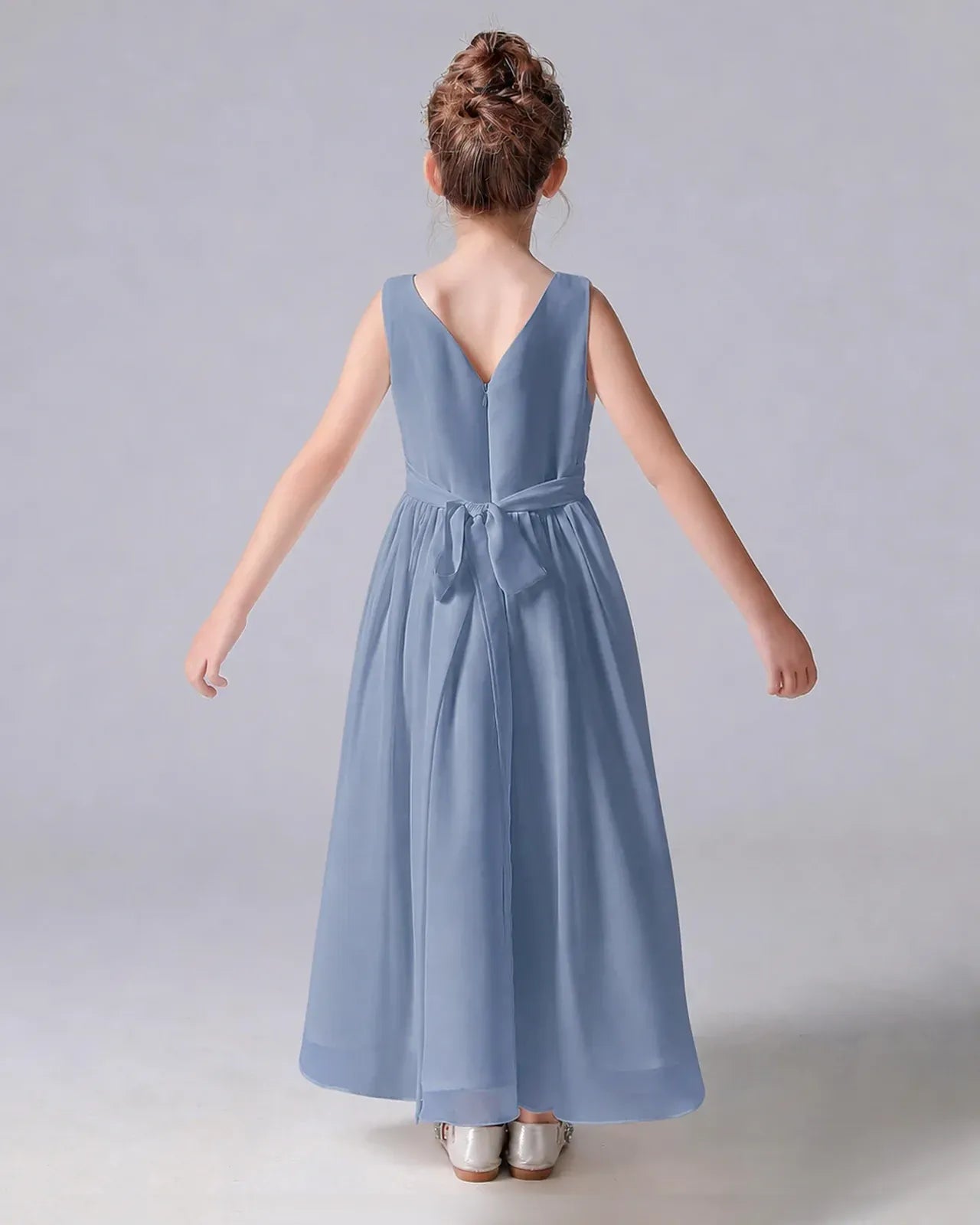 Dusty Blue Chiffon A-line Junior Bridesmaid Dress Back View