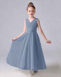 Dideyttawl Chiffon Junior Bridesmaid Dress with Sleeveless and Pleated Waist