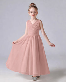 Dideyttawl Chiffon Junior Bridesmaid Dress with Sleeveless and Pleated Waist
