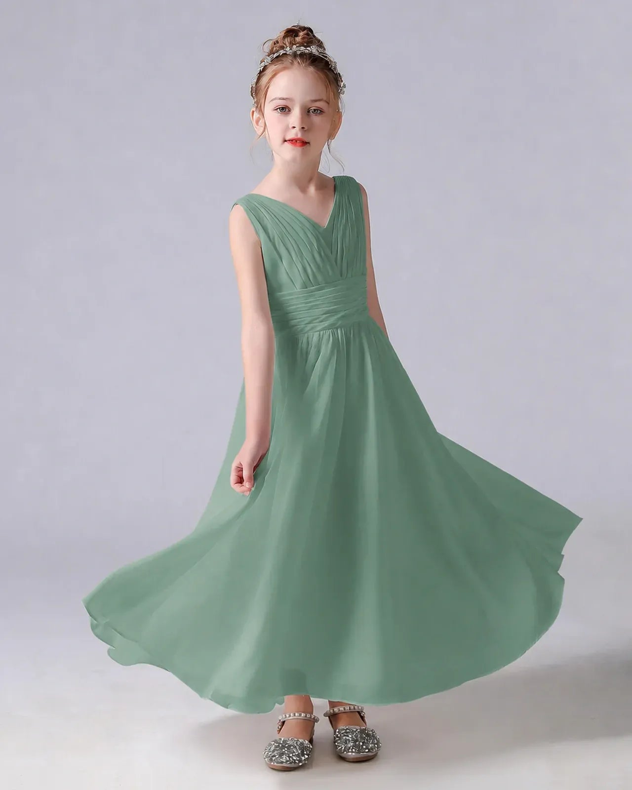 Eucalyptus Chiffon A-line Junior Bridesmaid Dress Side View