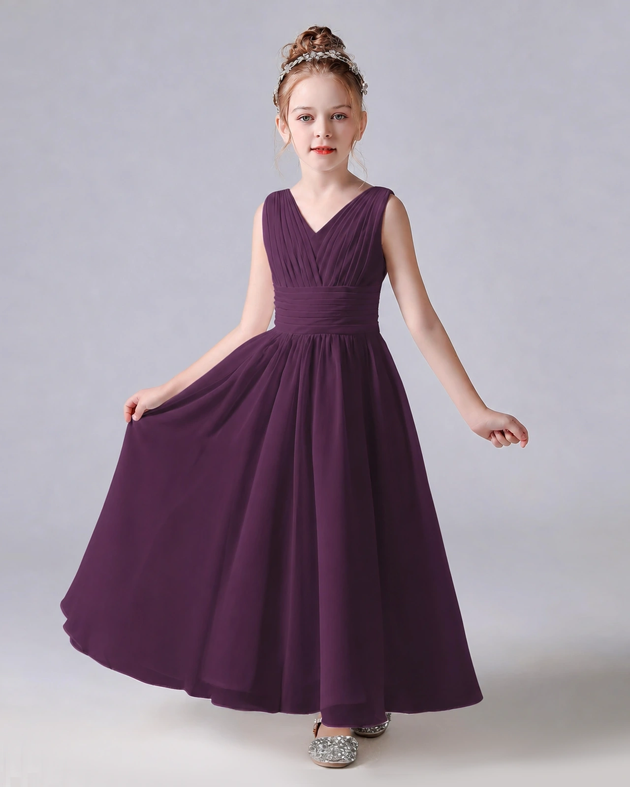 Dideyttawl Chiffon Junior Bridesmaid Dress with Sleeveless and Pleated Waist