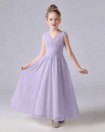 Dideyttawl Chiffon Junior Bridesmaid Dress with Sleeveless and Pleated Waist