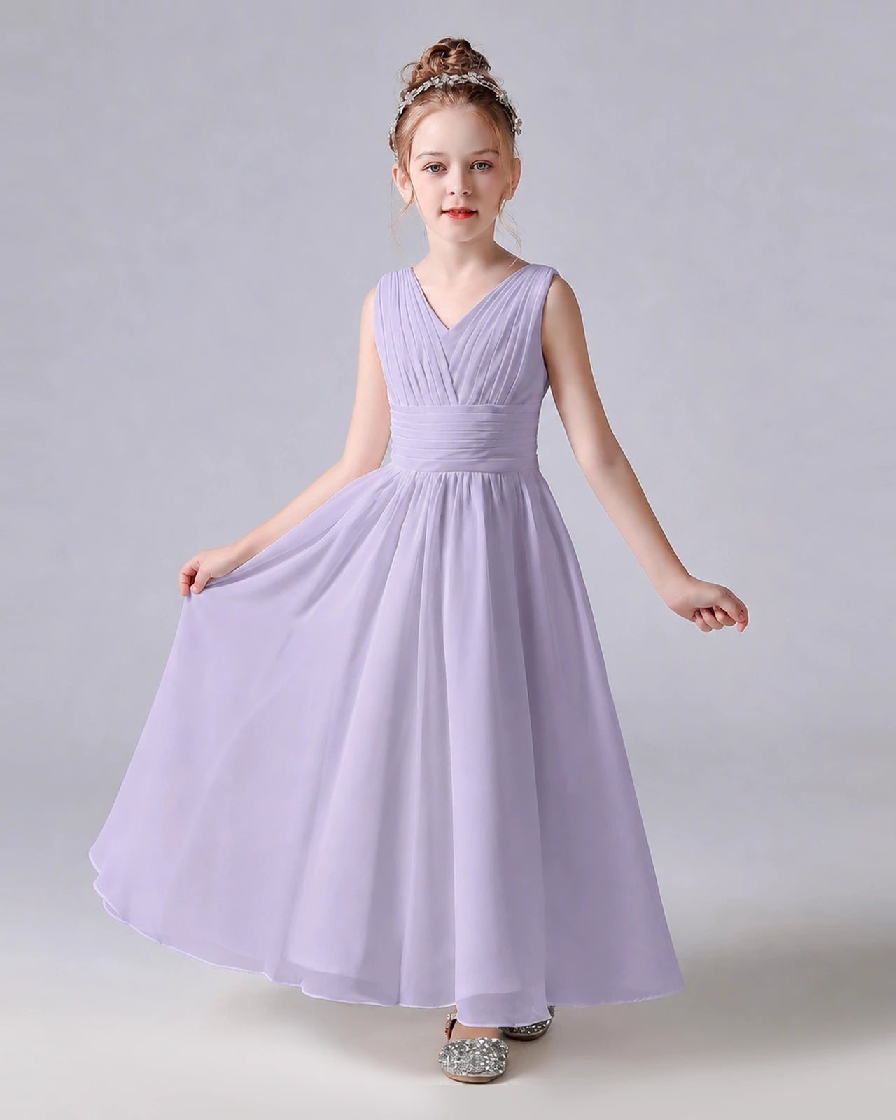 Dideyttawl Chiffon Junior Bridesmaid Dress with Sleeveless and Pleated Waist
