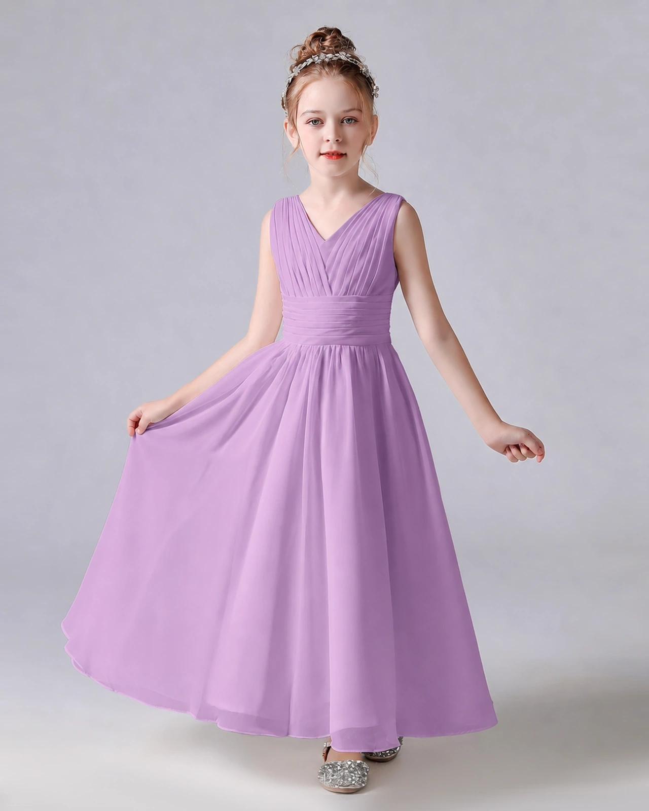 Dideyttawl Chiffon Junior Bridesmaid Dress with Sleeveless and Pleated Waist