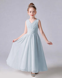 Dideyttawl Chiffon Junior Bridesmaid Dress with Sleeveless and Pleated Waist