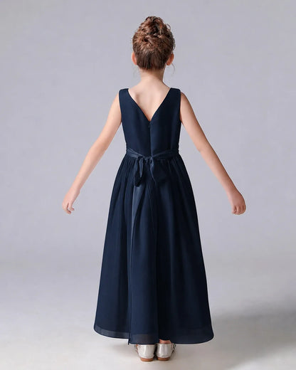Navy Blue Chiffon A-line Junior Bridesmaid Dress Back View