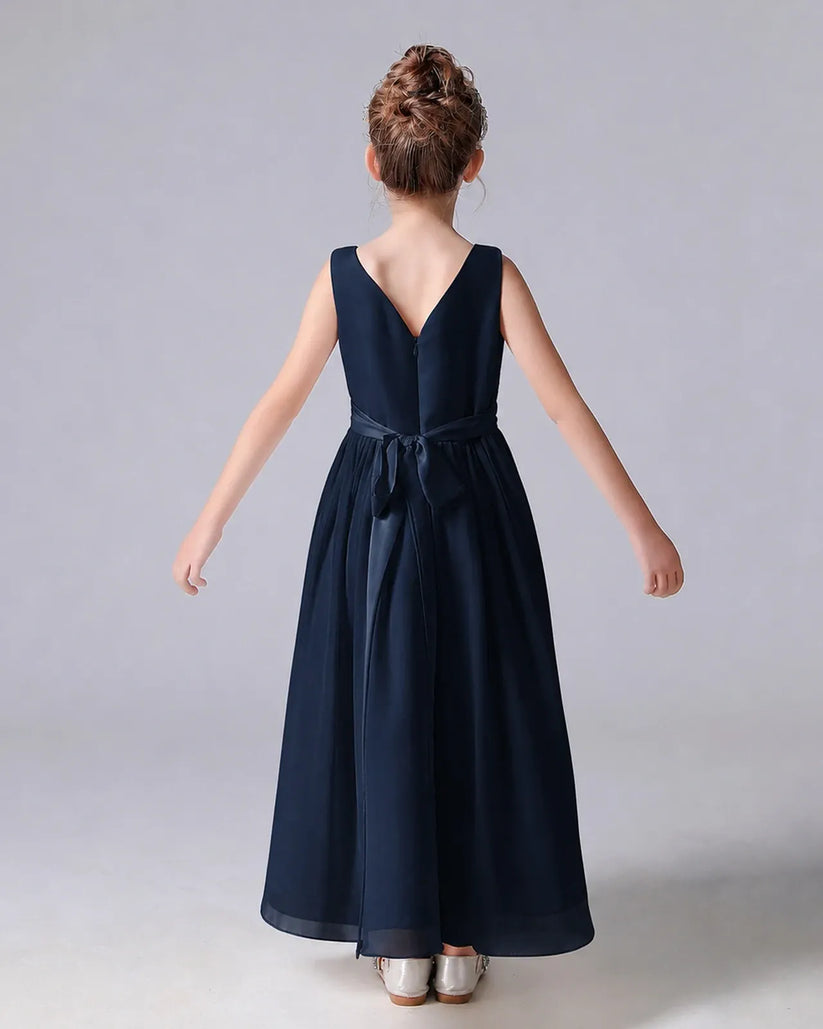 Navy Blue Chiffon A-line Junior Bridesmaid Dress Back View