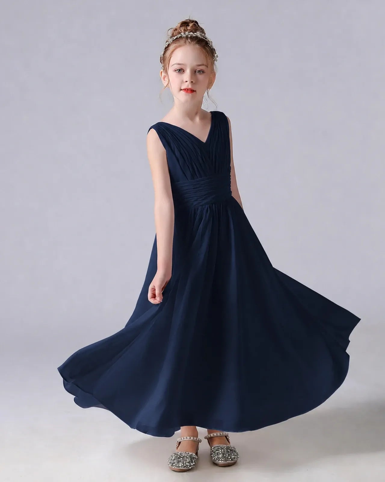Navy Blue Chiffon A-line Junior Bridesmaid Dress Side View