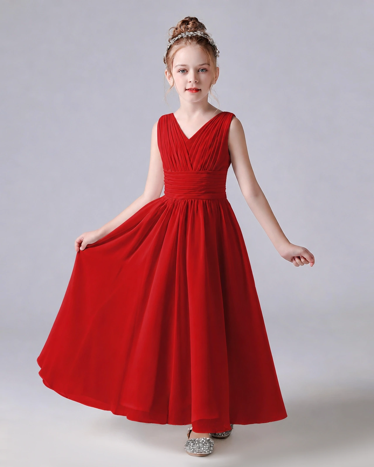 Dideyttawl Chiffon Junior Bridesmaid Dress with Sleeveless and Pleated Waist