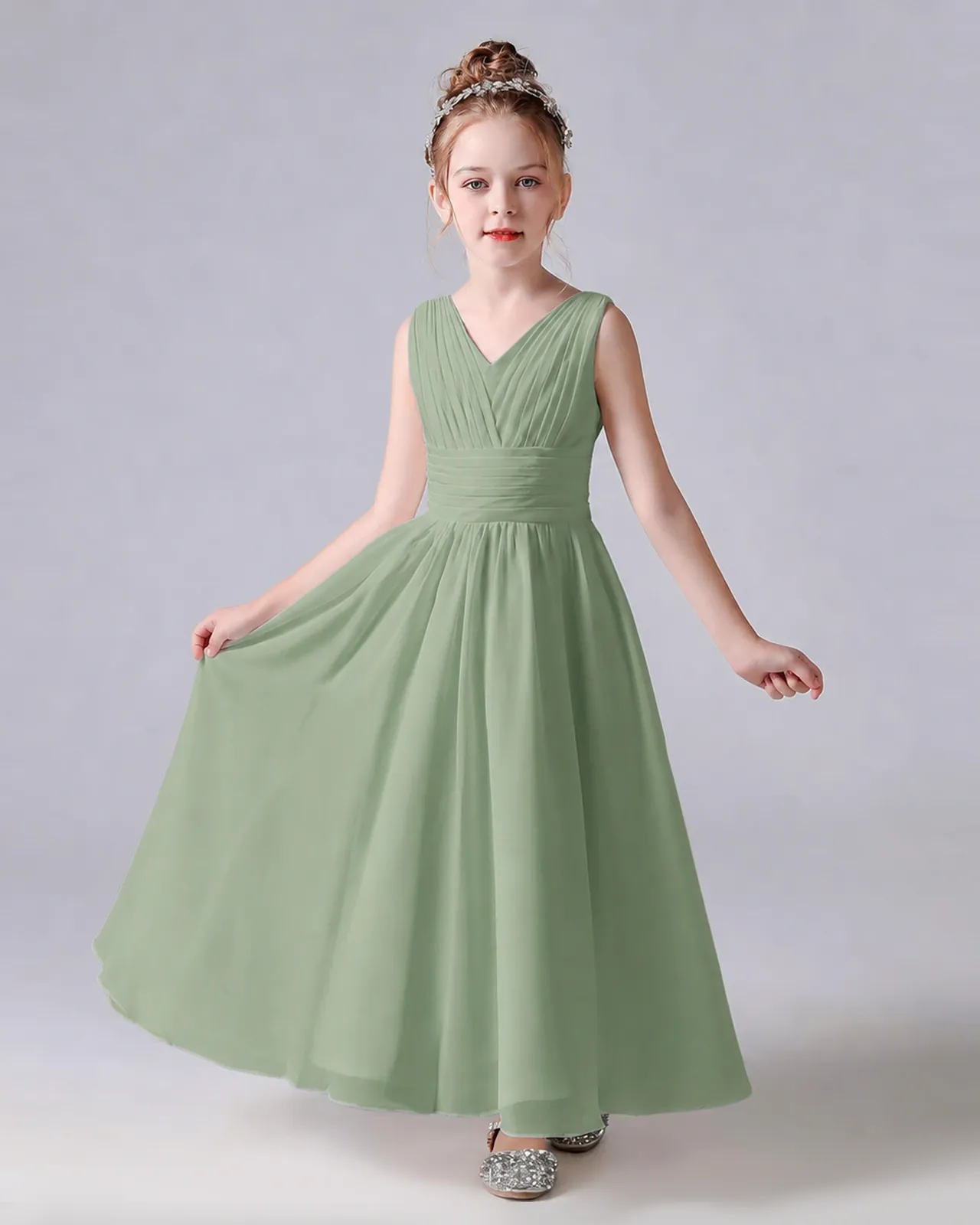 Sage Green Chiffon A-line Junior Bridesmaid Dress Front View