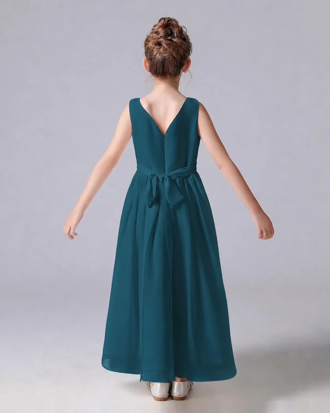 Teal Chiffon A-line Junior Bridesmaid Dress Back View