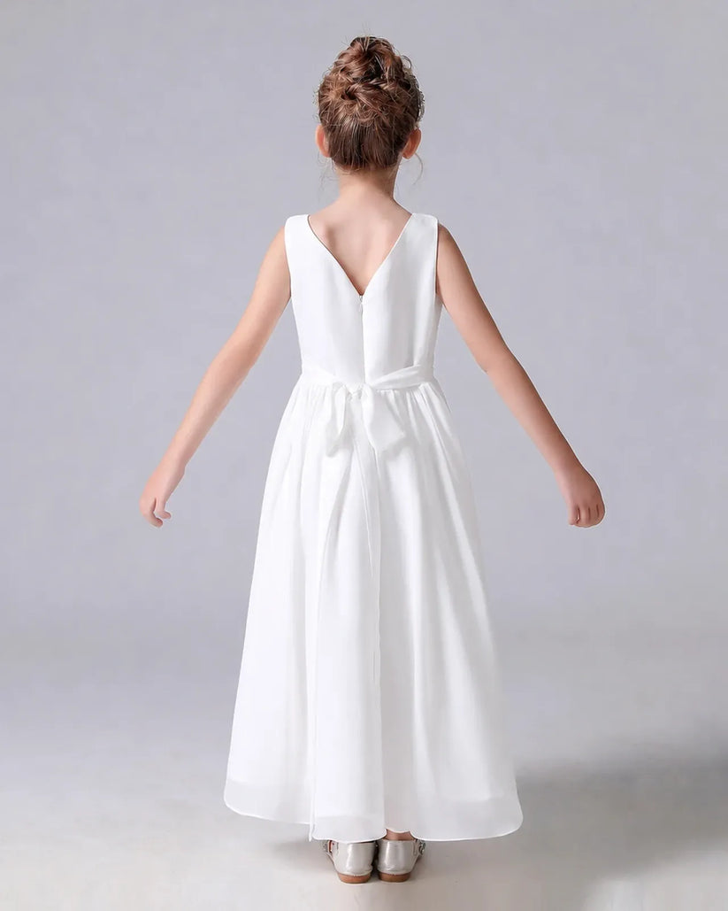 White Chiffon A-line Junior Bridesmaid Dress Back View