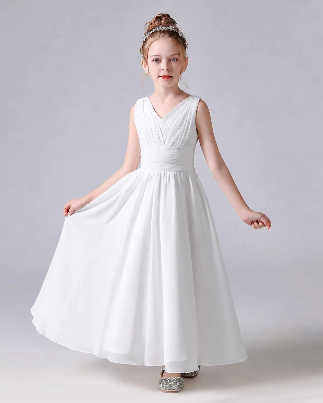 White Chiffon A-line Junior Bridesmaid Dress Front View