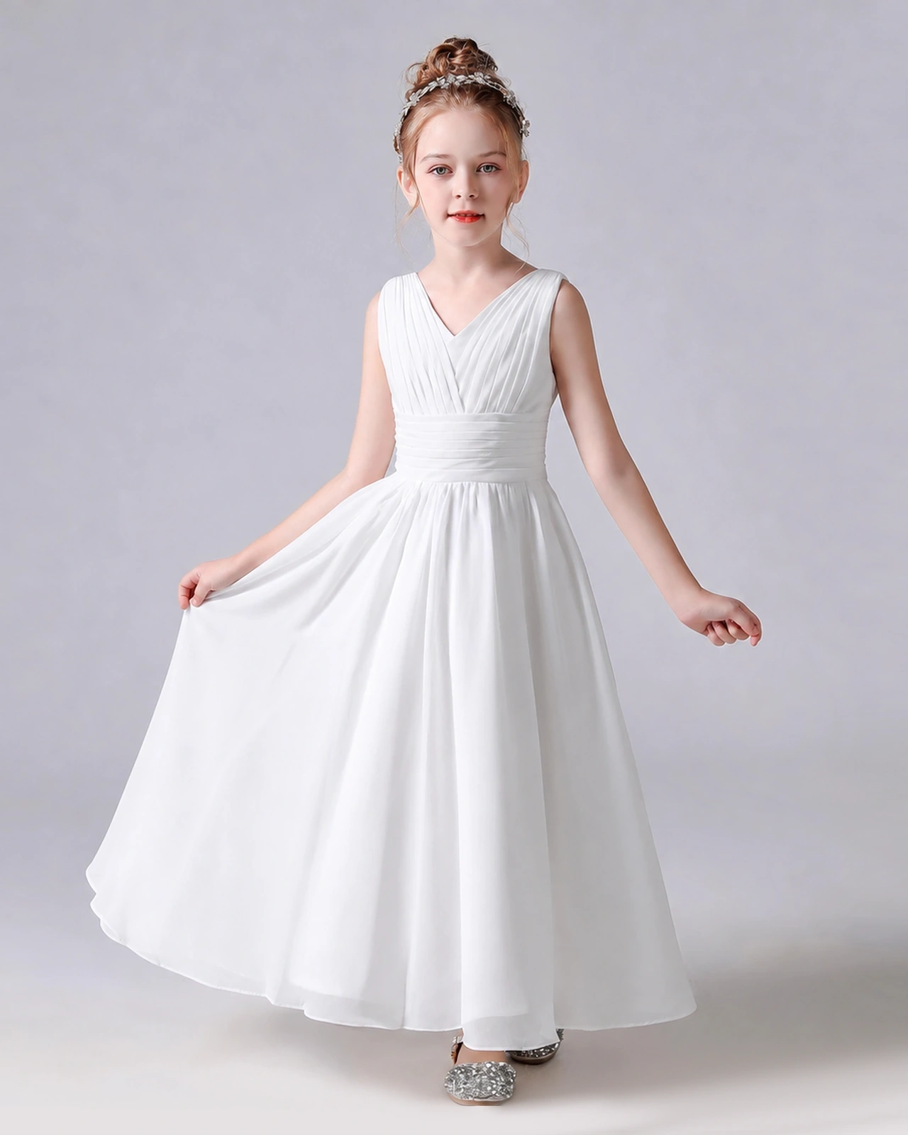Dideyttawl Chiffon Junior Bridesmaid Dress with Sleeveless and Pleated Waist