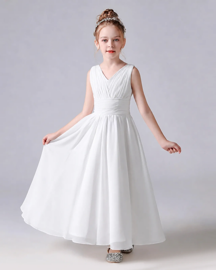 White Chiffon A-line Junior Bridesmaid Dress Front View