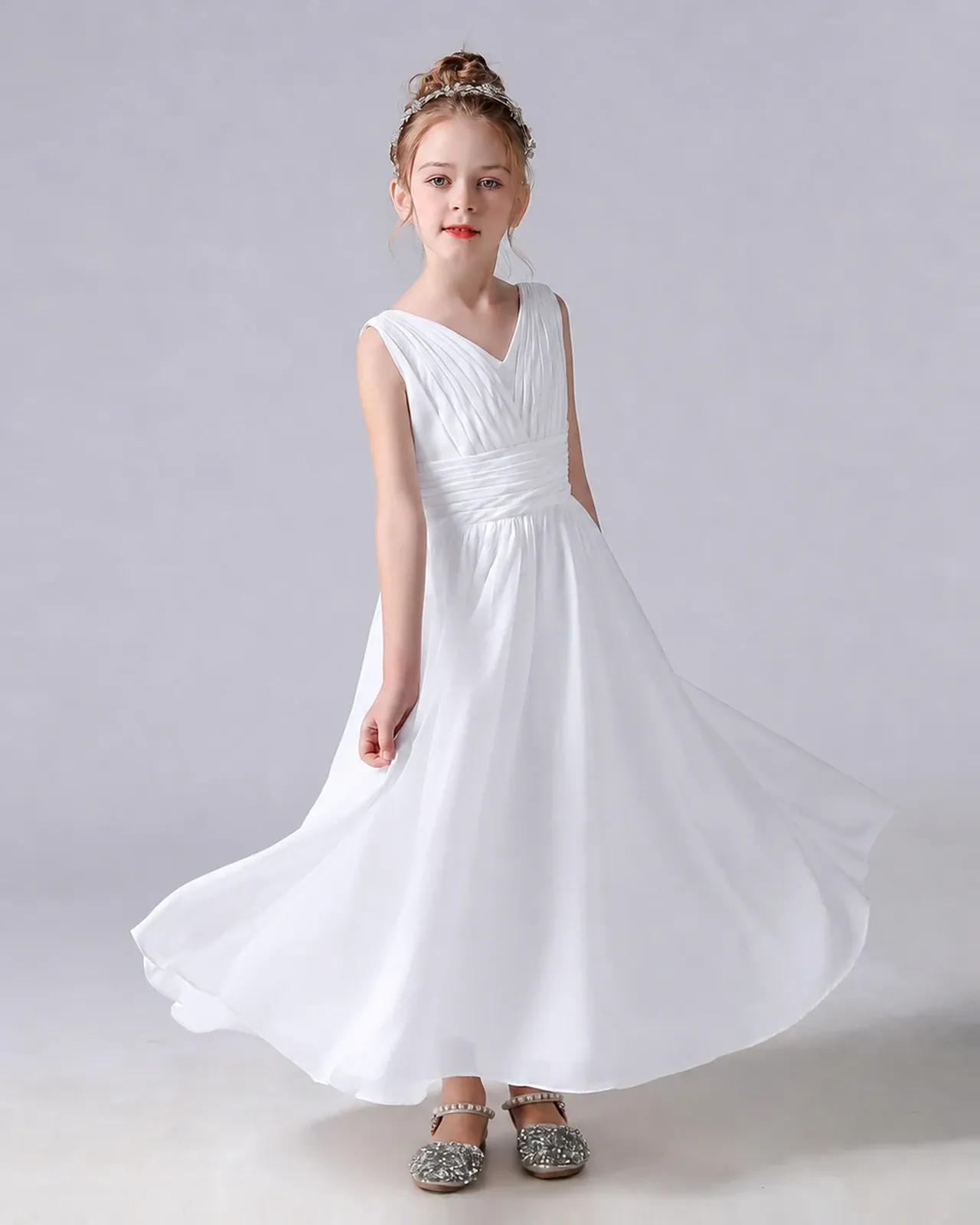 White Chiffon A-line Junior Bridesmaid Dress Side View