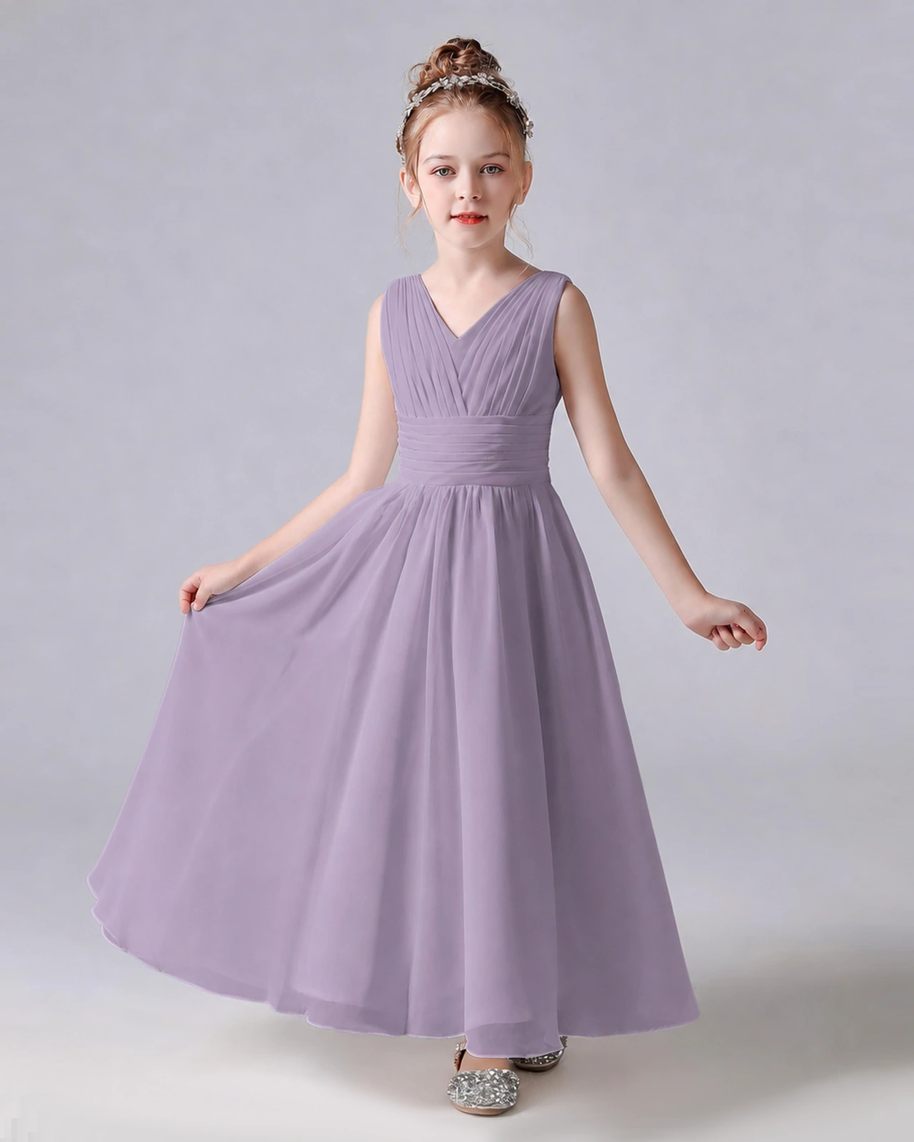 Dideyttawl Chiffon Junior Bridesmaid Dress with Sleeveless and Pleated Waist