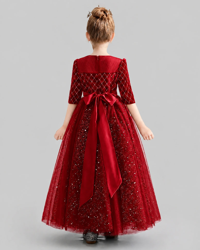 Burgundy Velvet Satin Tulle A-line Girls Formal Dress Back View