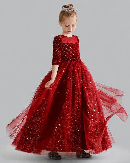 Burgundy Velvet Satin Tulle A-line Girls Formal Dress Front View