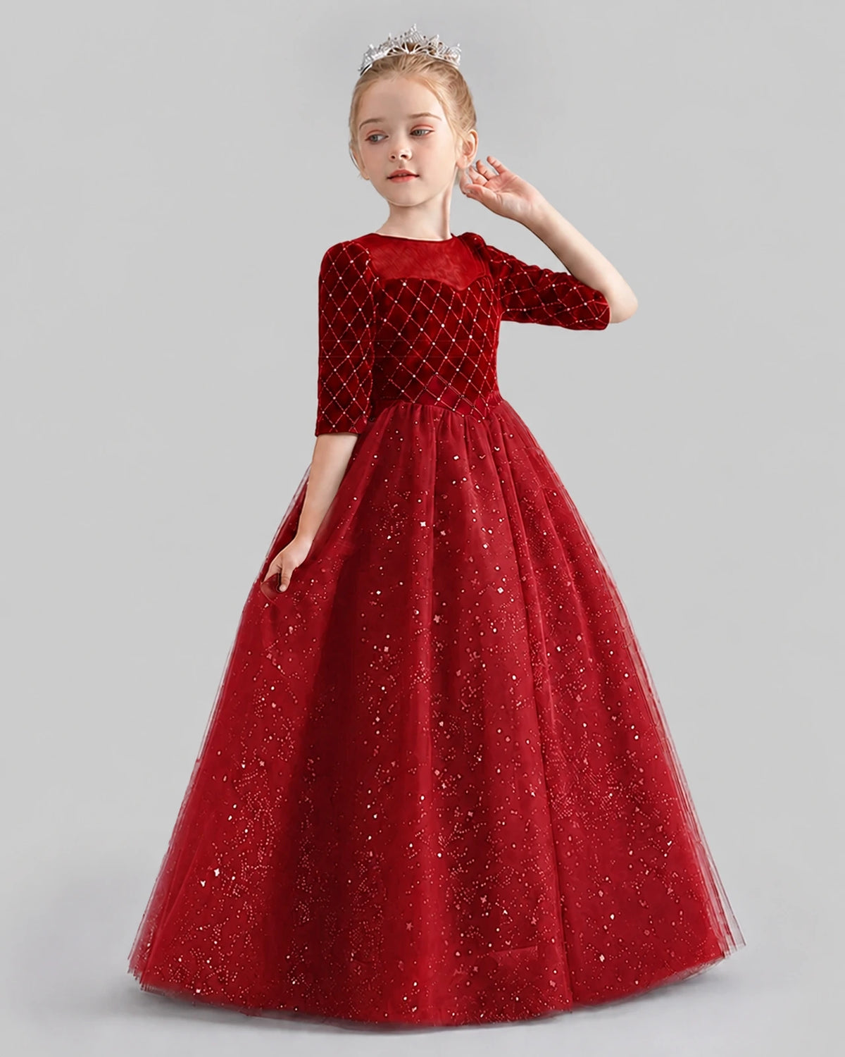 Burgundy Velvet Satin Tulle A-line Girls Formal Dress Side View