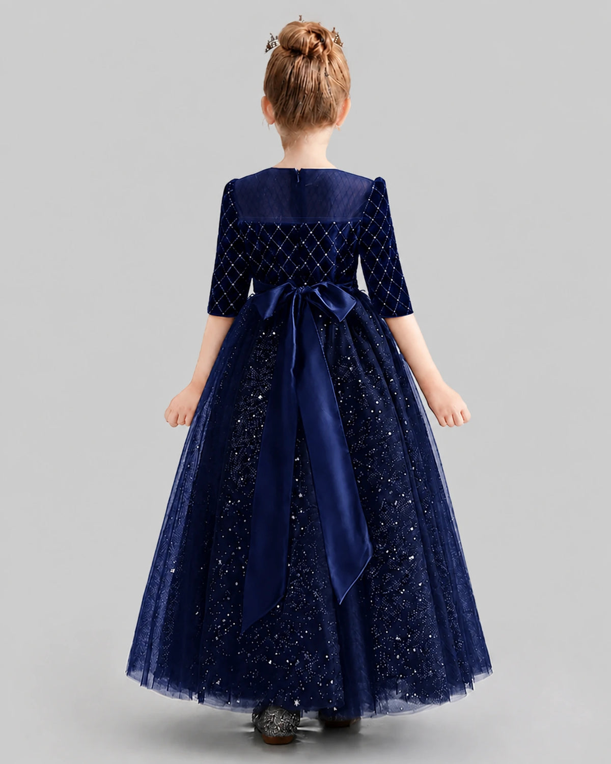 Navy Blue Velvet Satin Tulle A-line Girls Formal Dress Back View