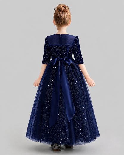 Navy Blue Velvet Satin Tulle A-line Girls Formal Dress Back View