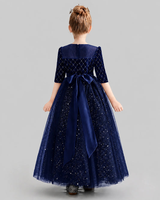 Navy Blue Velvet Satin Tulle A-line Girls Formal Dress Back View