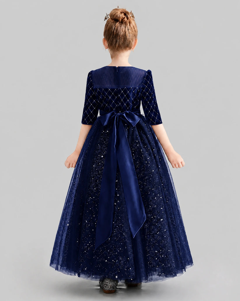 Navy Blue Velvet Satin Tulle A-line Girls Formal Dress Back View